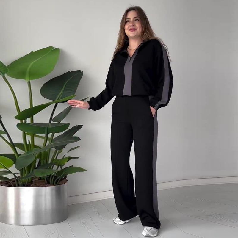 Chic Zipper Lapel Top and Pants 2-Piece Set