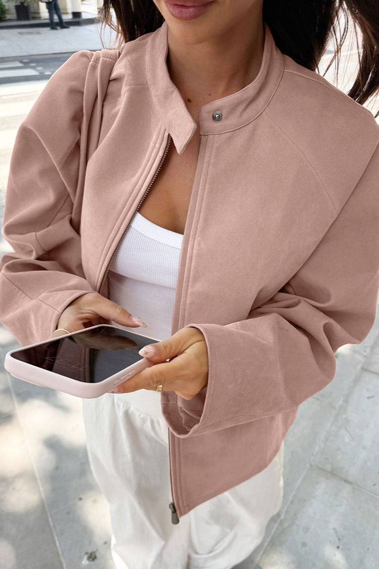 Chic Suede Stand Collar Jacket with Long Sleeves