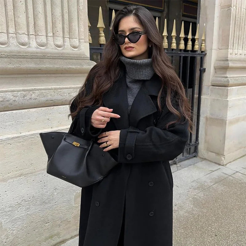Chic Double-Breasted Belted Maxi Coat with Notched Collar