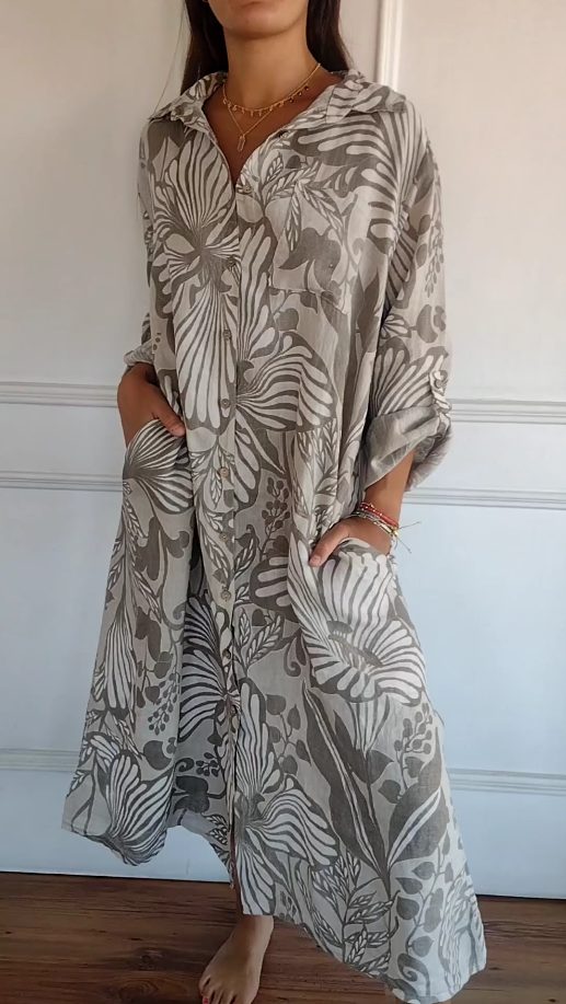 Loose Printed Lapel Dress for Effortless Style