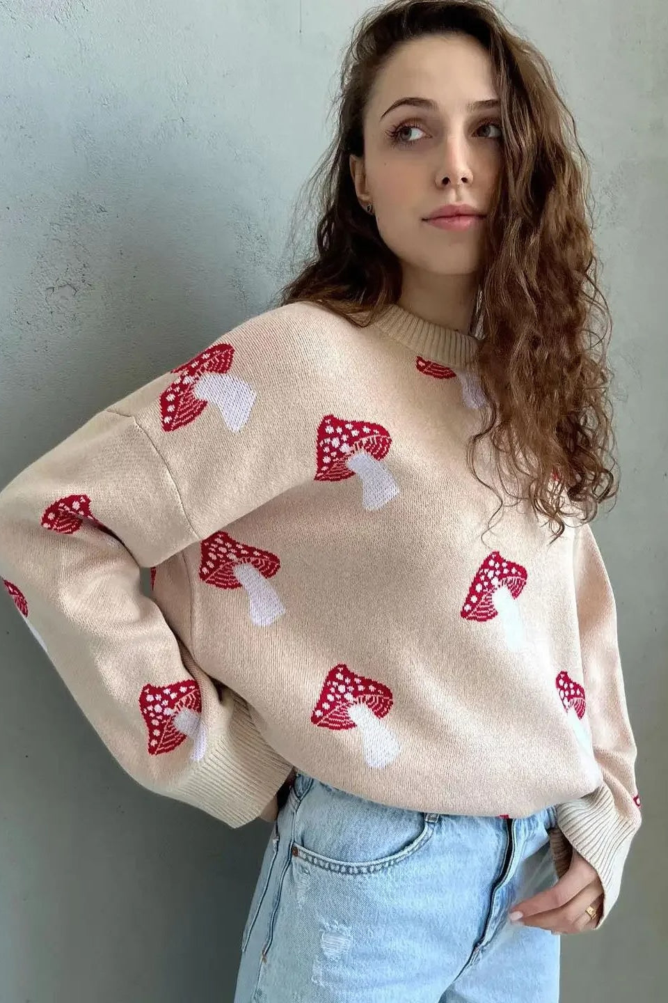 Cozy Mushroom Jacquard Knit Sweater