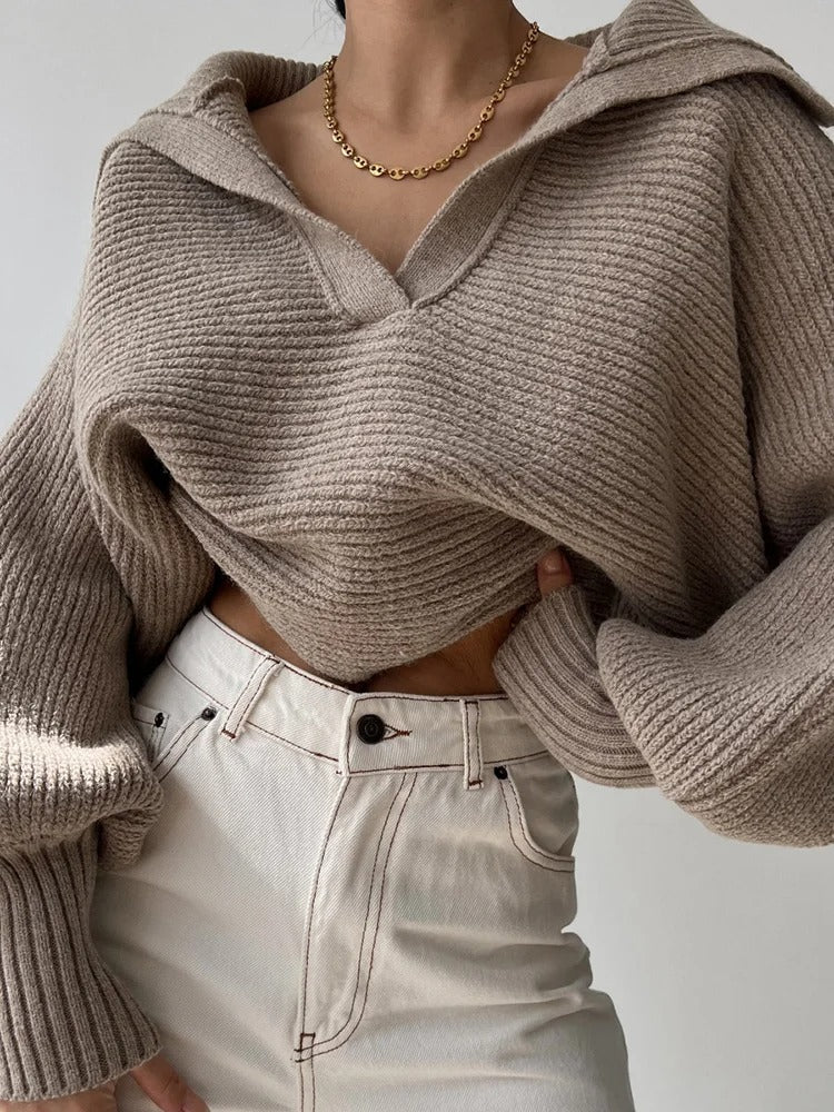 Cozy Lantern Sleeve Open Collar Knit Sweater