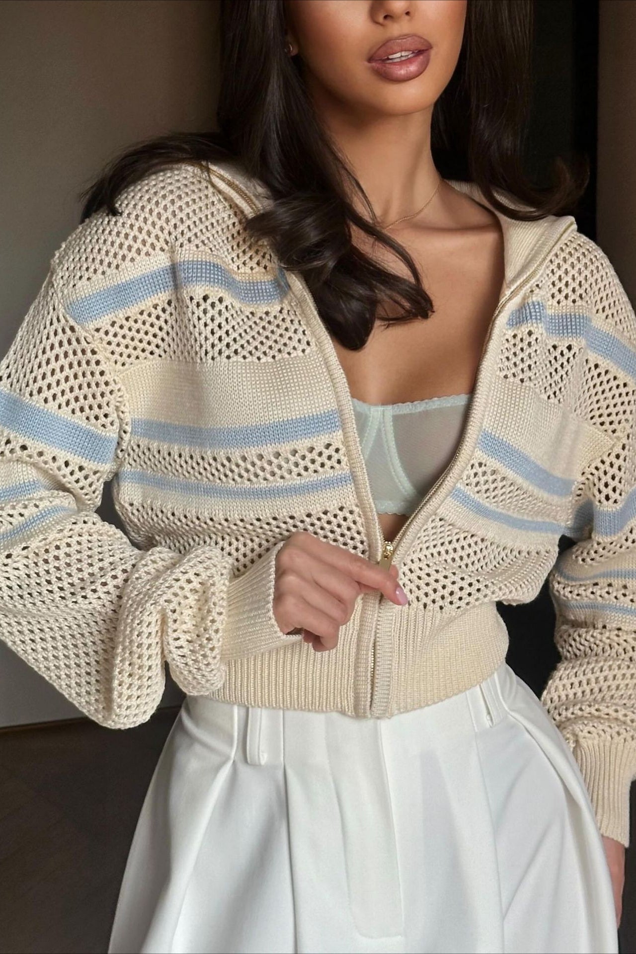 Colorblock Stripe Zip Collar Cutout Long Sleeve Hoodie