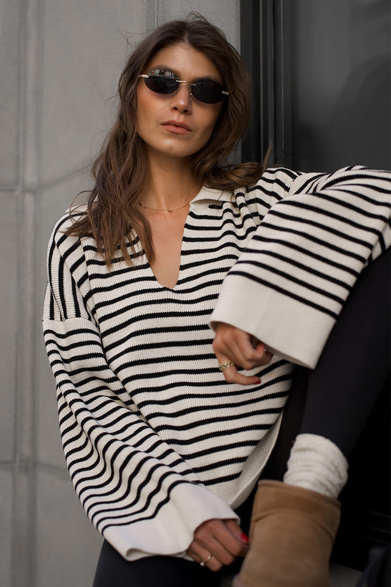 Cozy Striped Polo Neck Knit Sweater