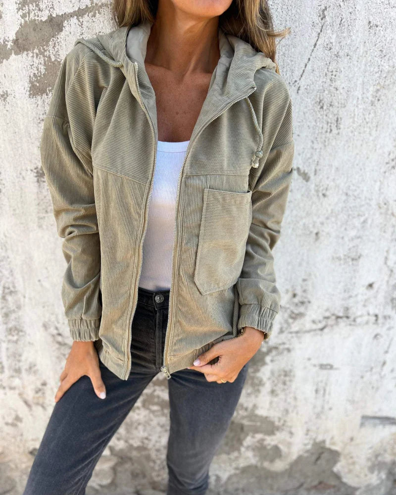 Casual Lightweight Corduroy Hooded Jacket for Women