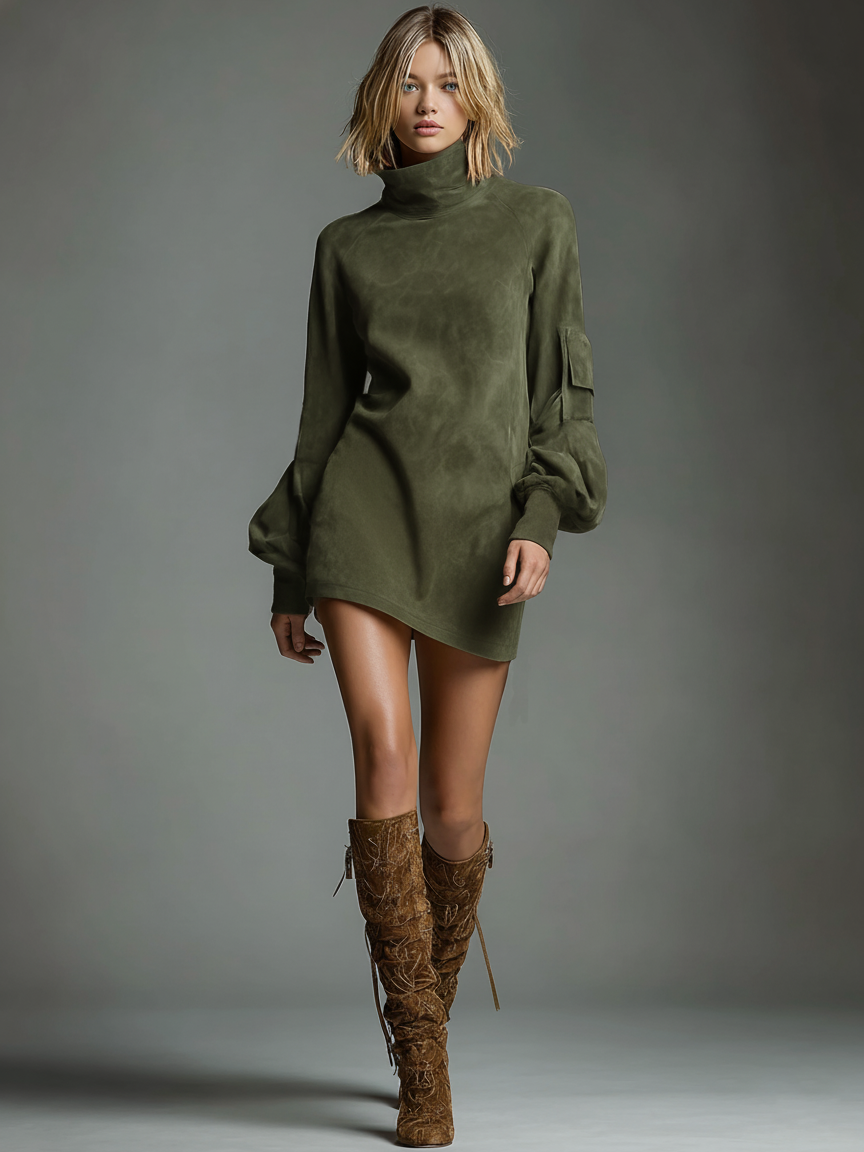 Vintage Suede Turtleneck Mini Dress – Effortless Chic Style