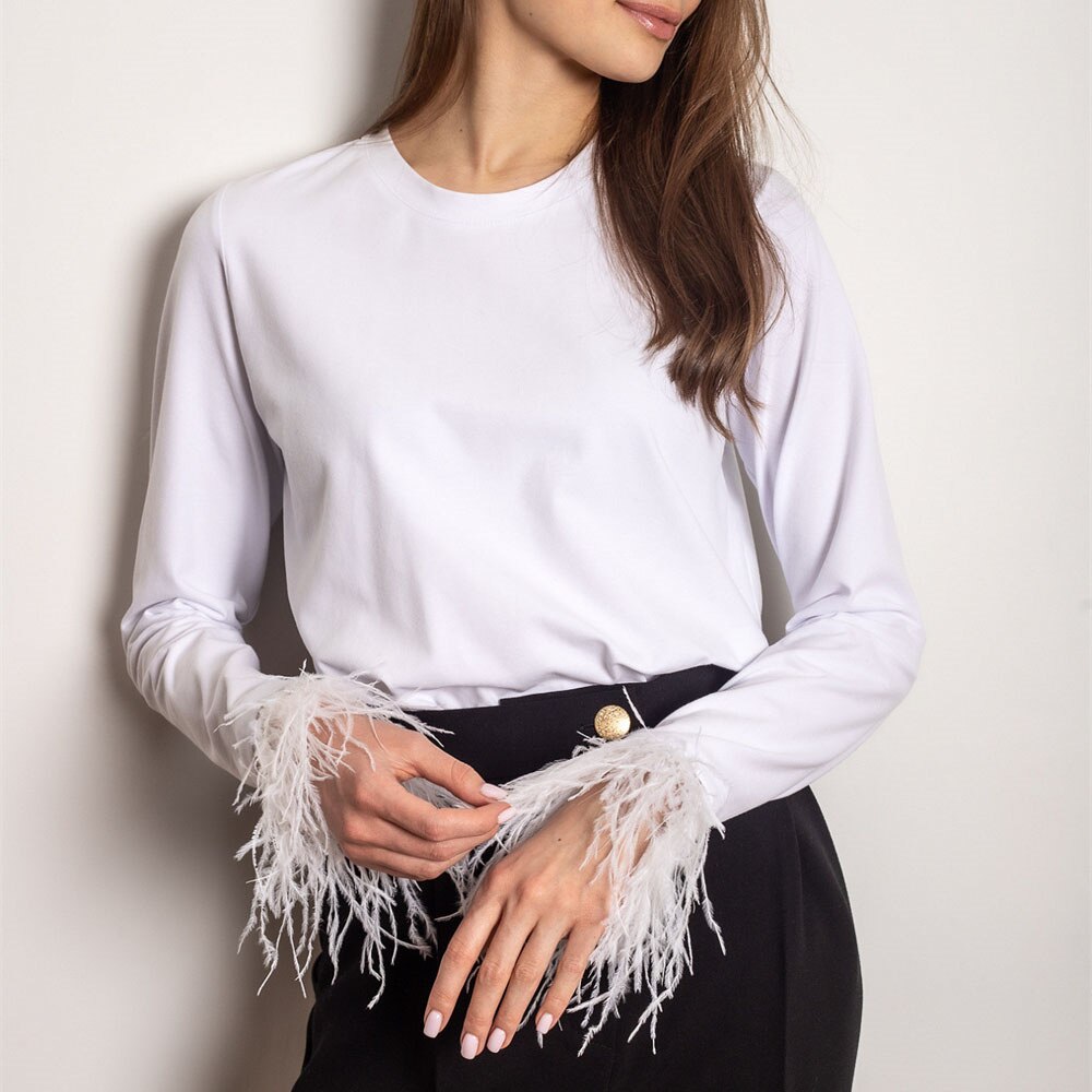 Elegant Feather-Trim Long Sleeve Shirt