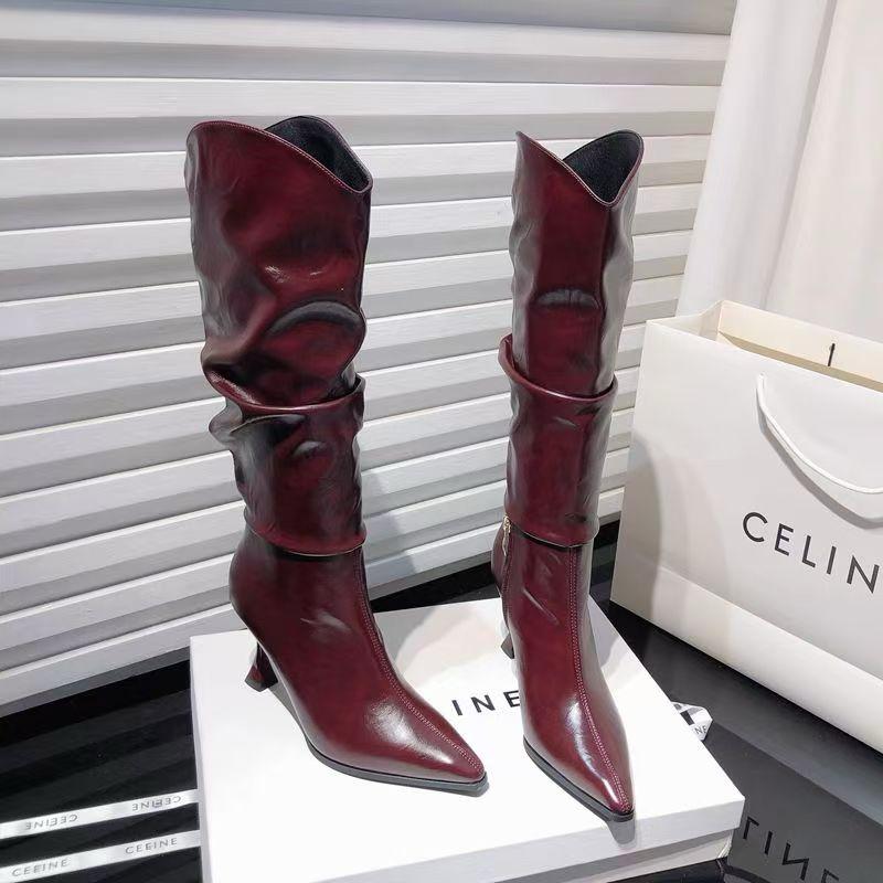 Brown Leather Knee High Pointed Boots