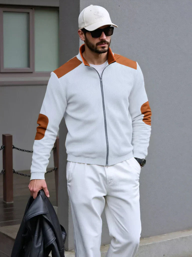 Men’s Zip-Up Knit Cardigan with Shoulder and Elbow Patches