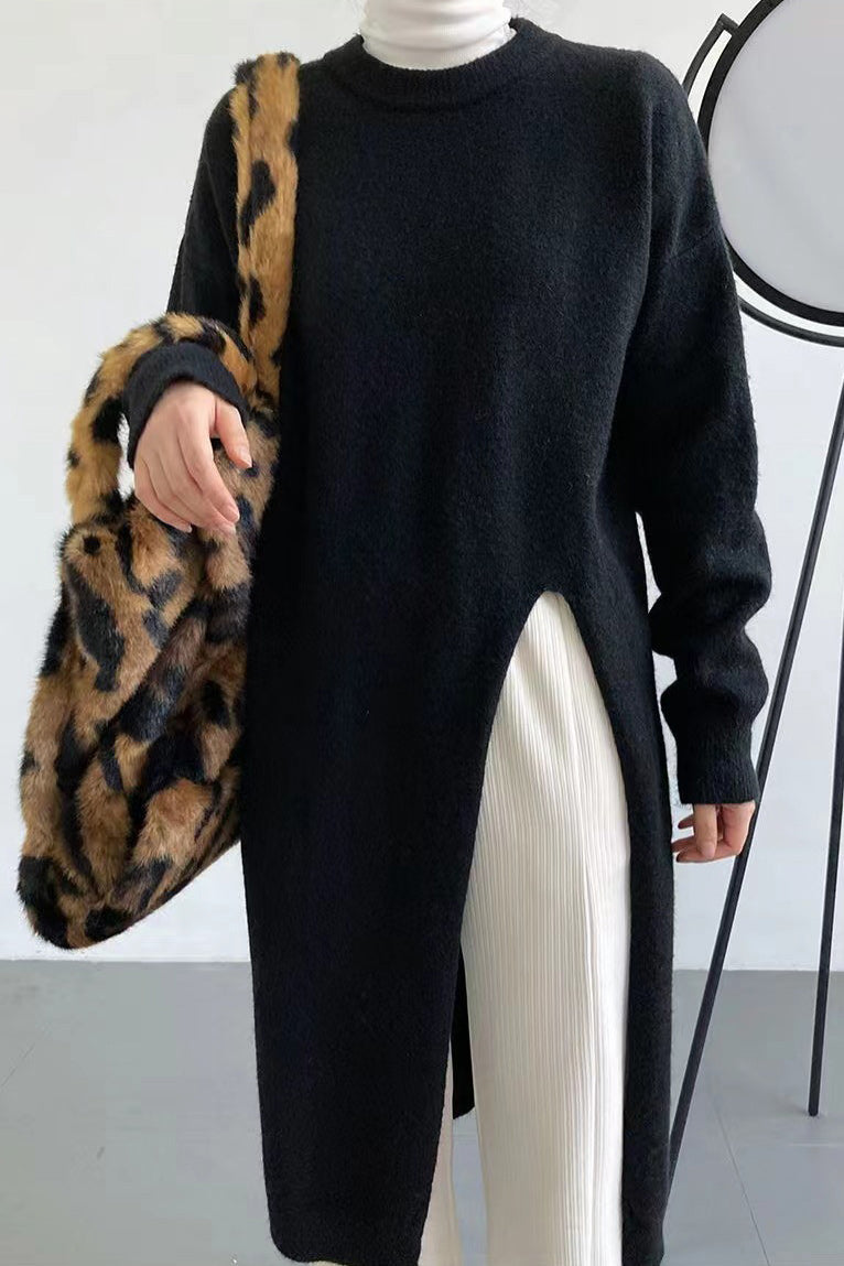 Side-Slit Knit Sweater Dress