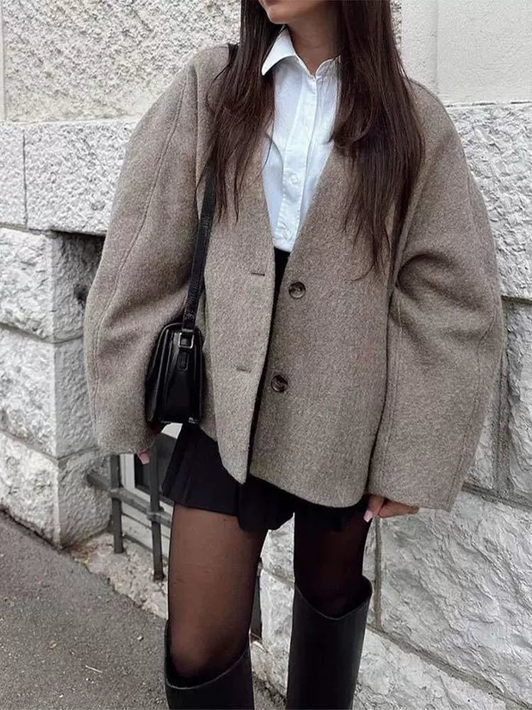 Oversized Wool Look V-Neck Coat for Women