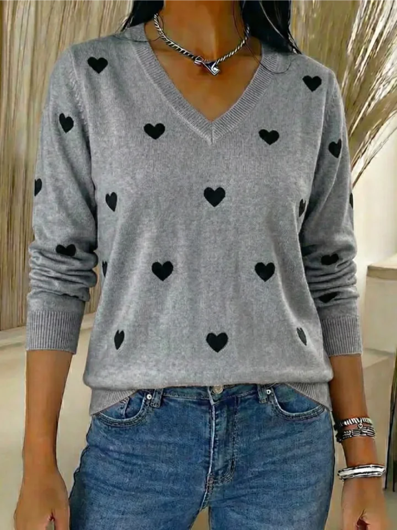 Heartfelt V-Neck Sweater with Charming Heart Pattern