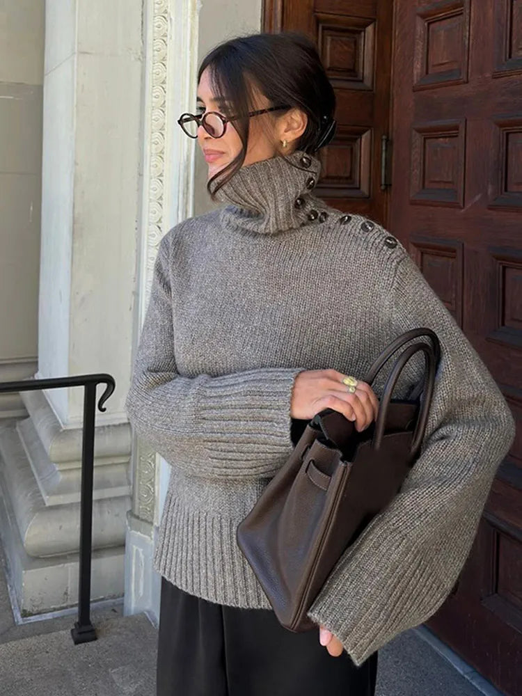 Cozy Button Turtleneck Loose Fit Pullover Sweater