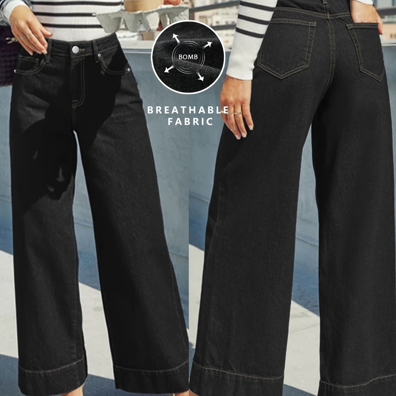 High-Waist Wide-Leg Stretch Denim Jeans with Cuffed Hem