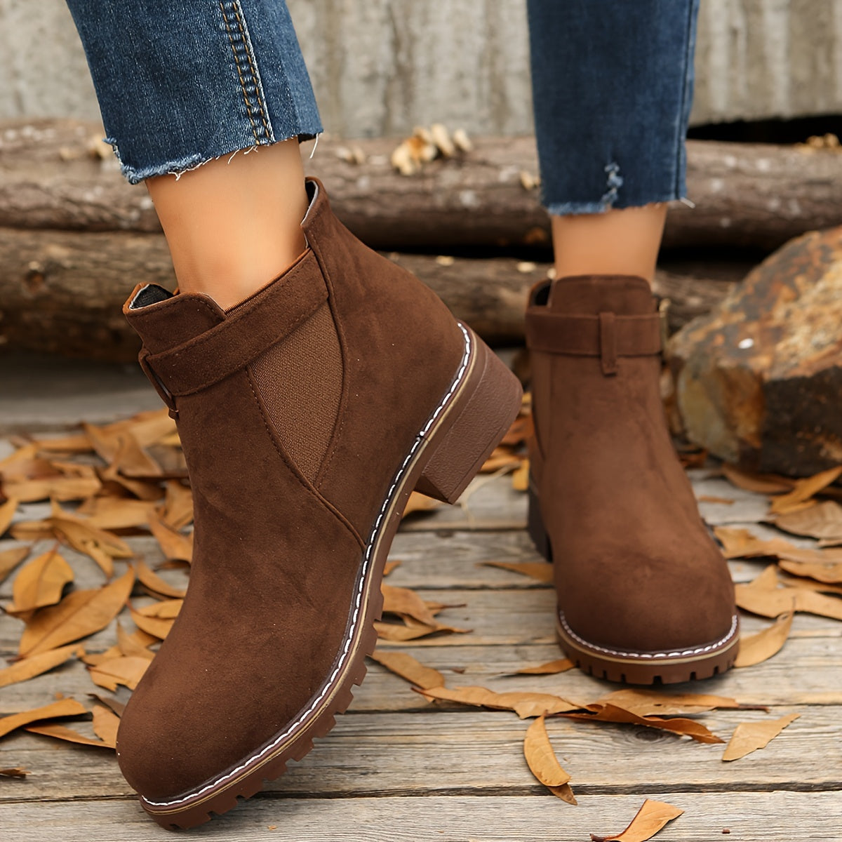 Chic Block Heel Ankle Boots with Buckle Strap and Elastic Sides