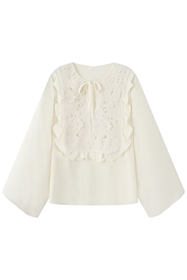Casual Tie Waist Hollow Stitch Round Neck Shirt