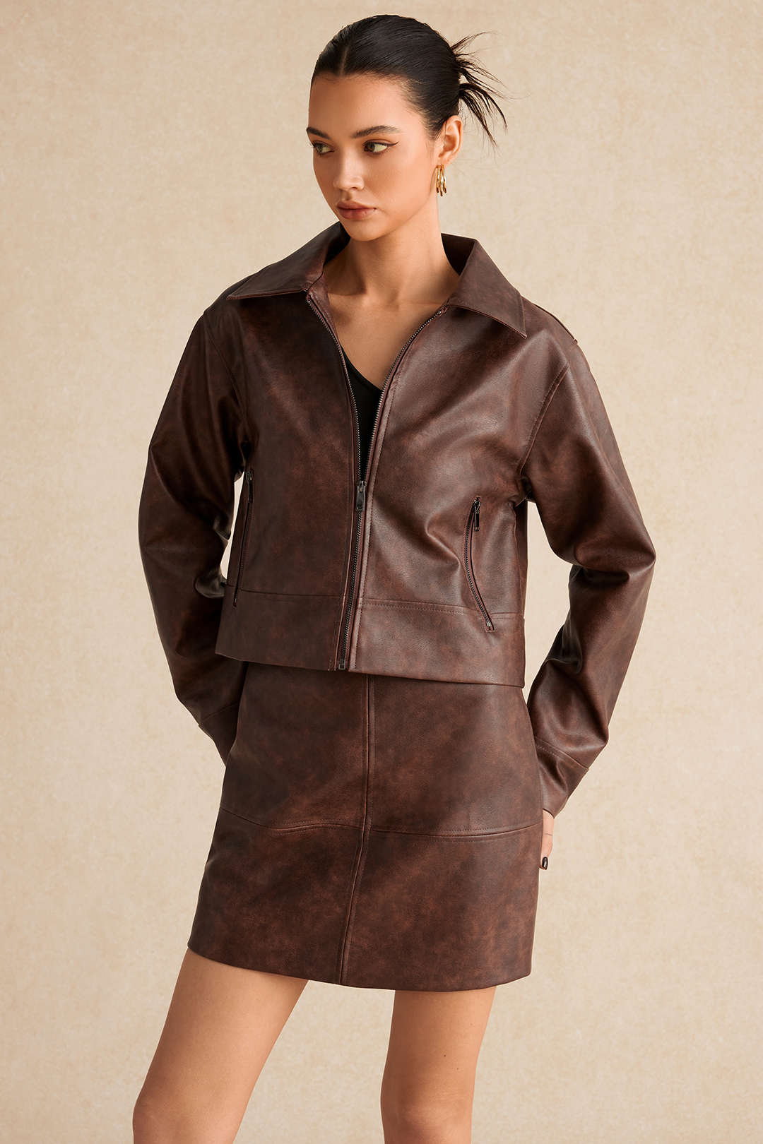 Chic Moto Leather Jacket & Skirt Set