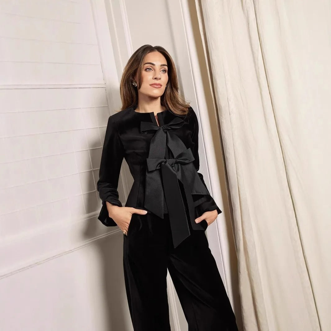 Velvet Bow Detail Peplum Jacket in Tailored Taffeta