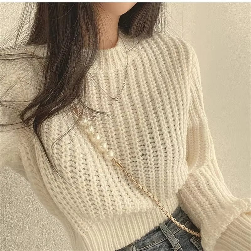 Women's Cropped Knit Sweater - Mira Relaxed Fit Pullover
