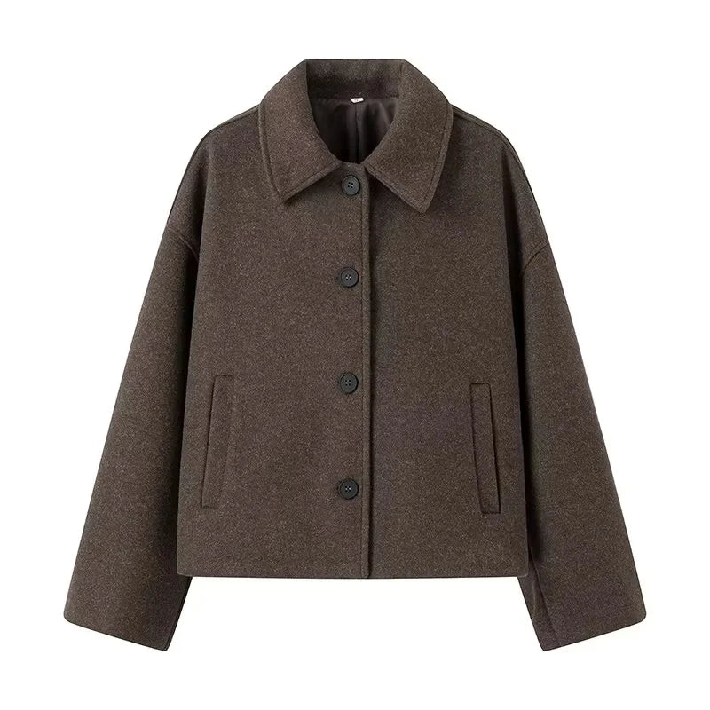 Elegant Brown Oversized Jacket with Lapel Collar and Buttons