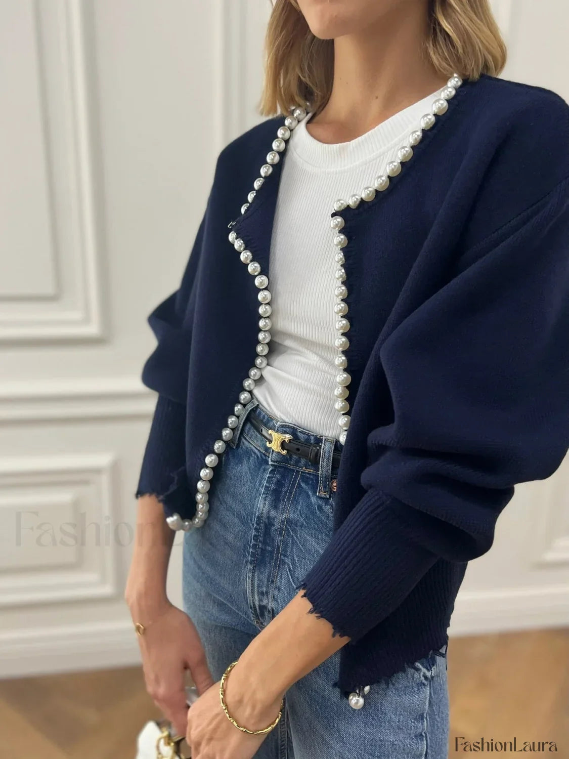 Pearl Trim Ripped Hem Knit Cardigan