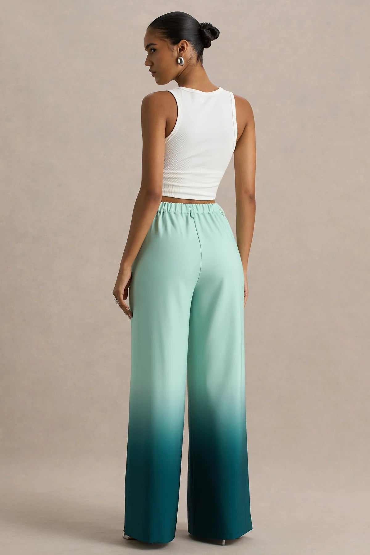 Ombre Print Wide Leg Pants with Elastic Waist and Pockets