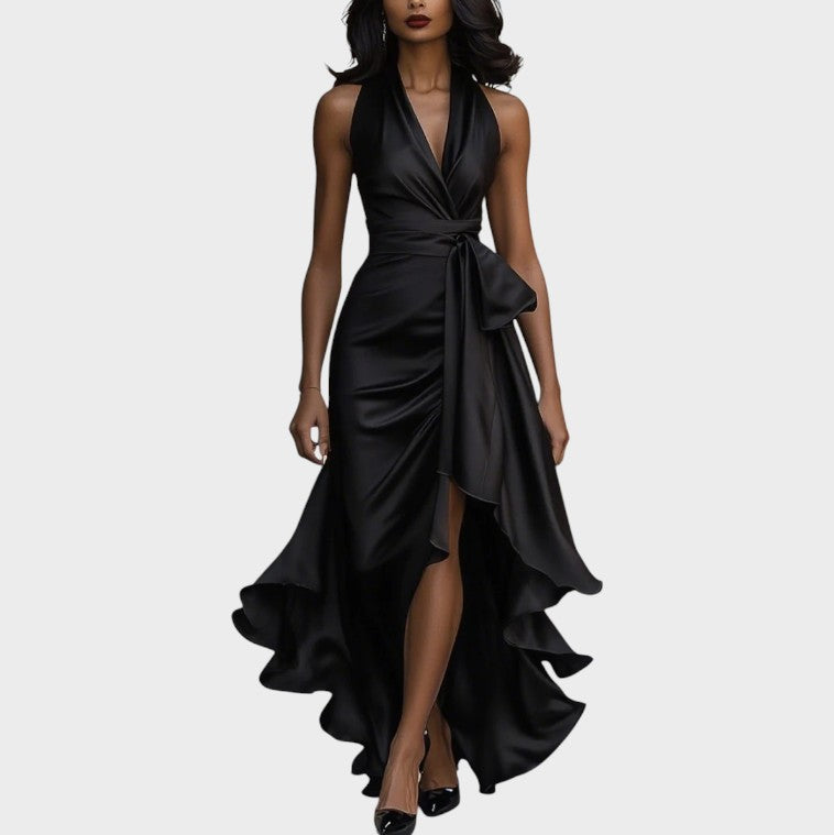 Midnight Satin Halter Neck Dress with Ruffle Detail