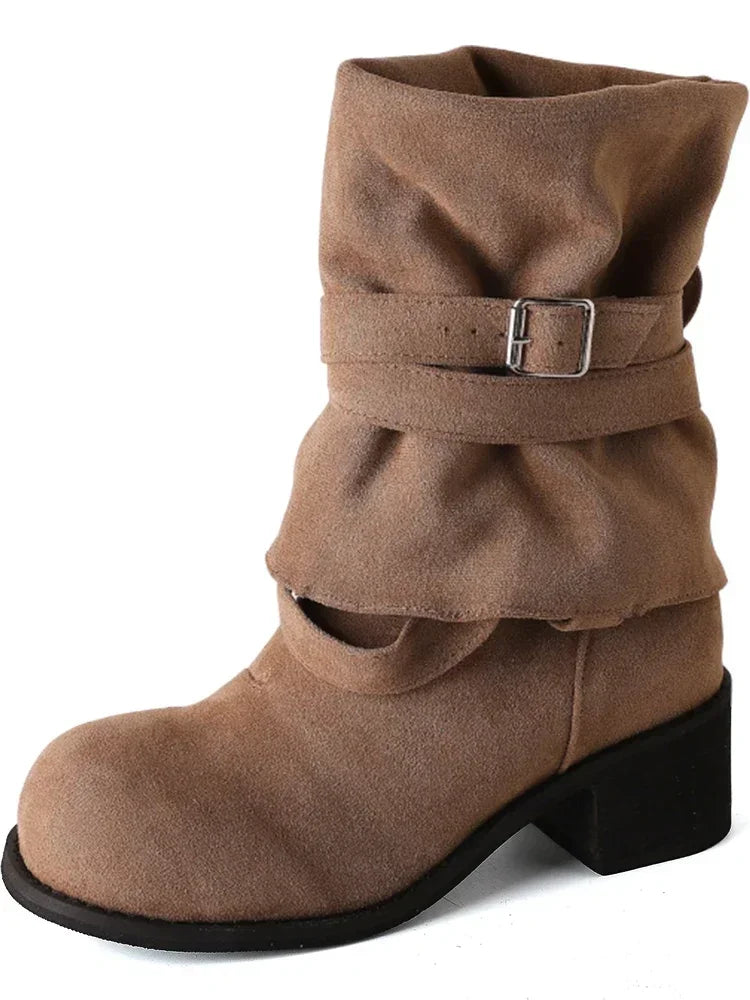 Folded Pile Western Platform Boots for Women