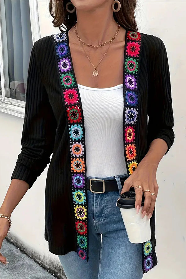 Boho Floral Edge Knit Long Sleeve Cardigan