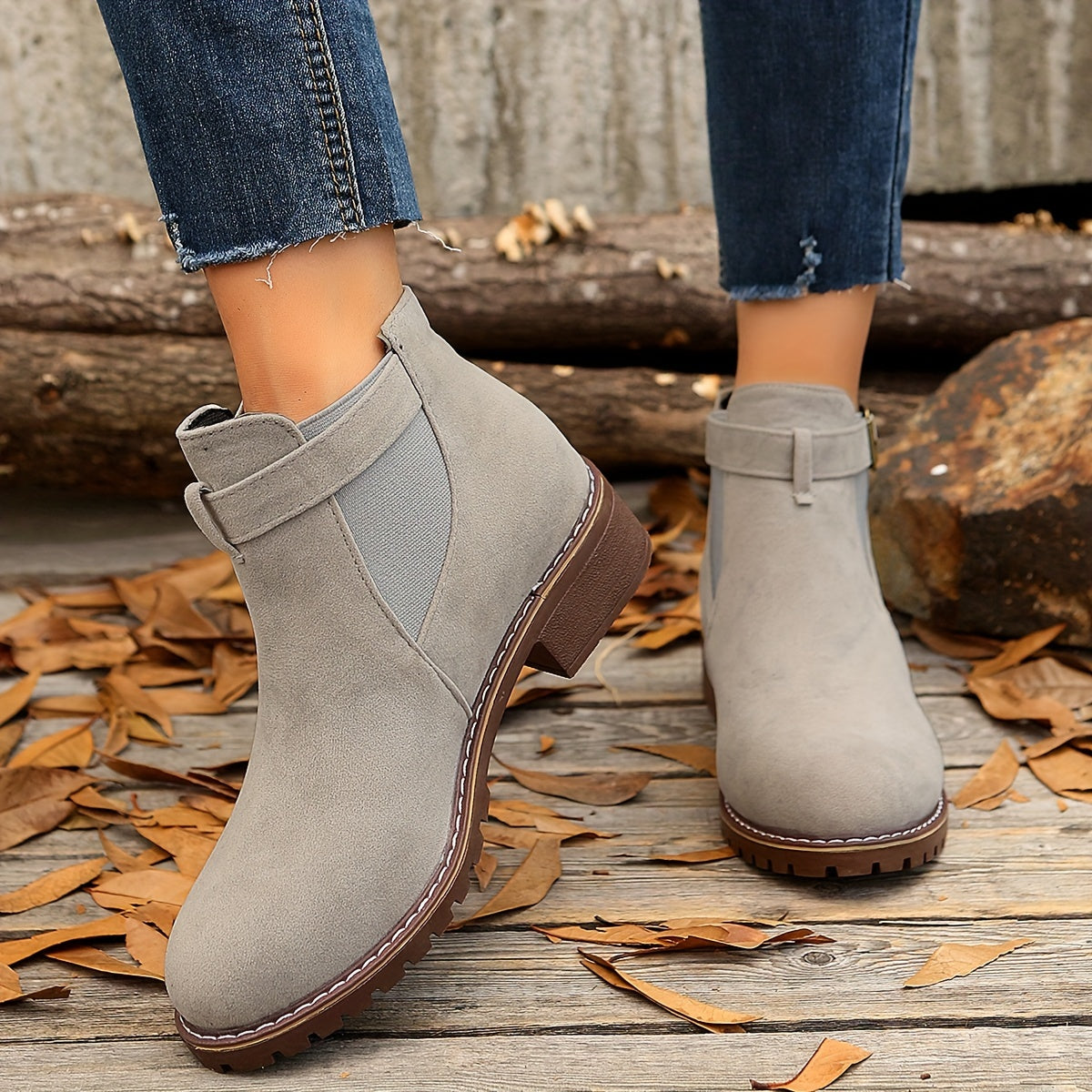 Chic Block Heel Ankle Boots with Buckle Strap and Elastic Sides