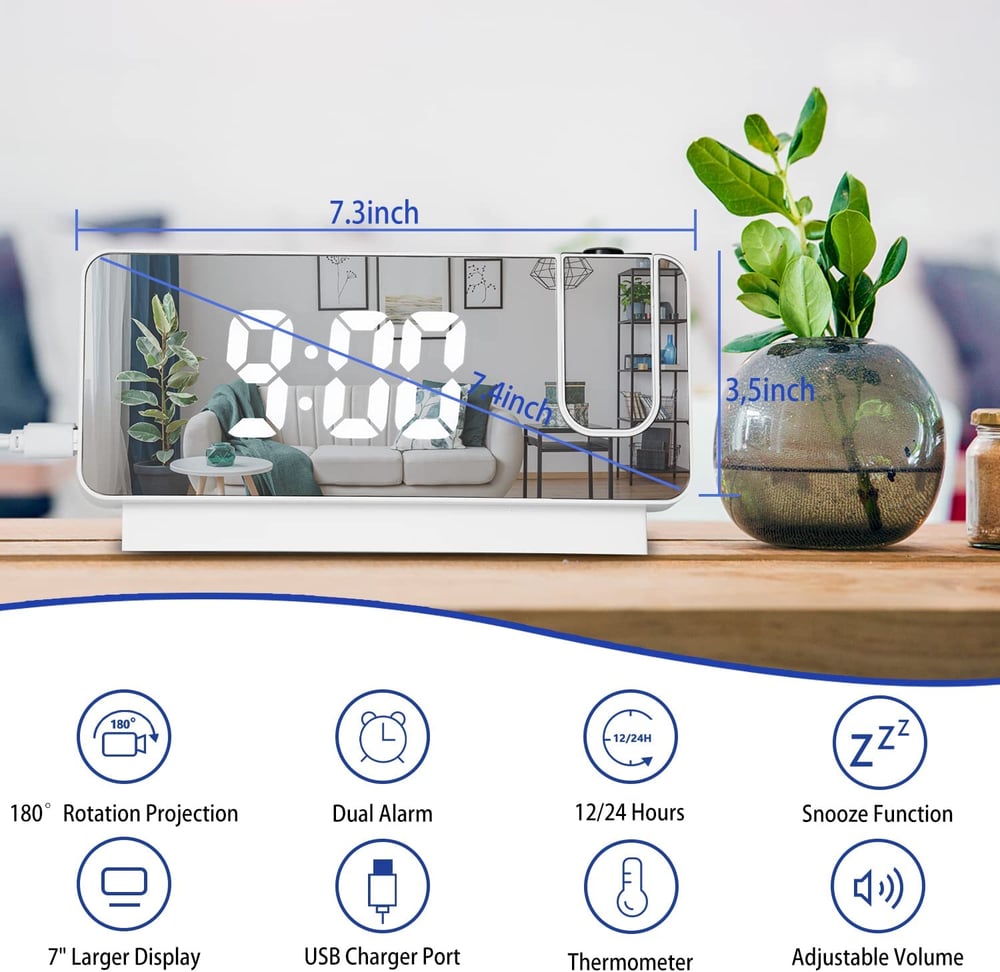 AlarmProject™ - LED Mirror Alarm Clock with Dual Alarms & Temp Display