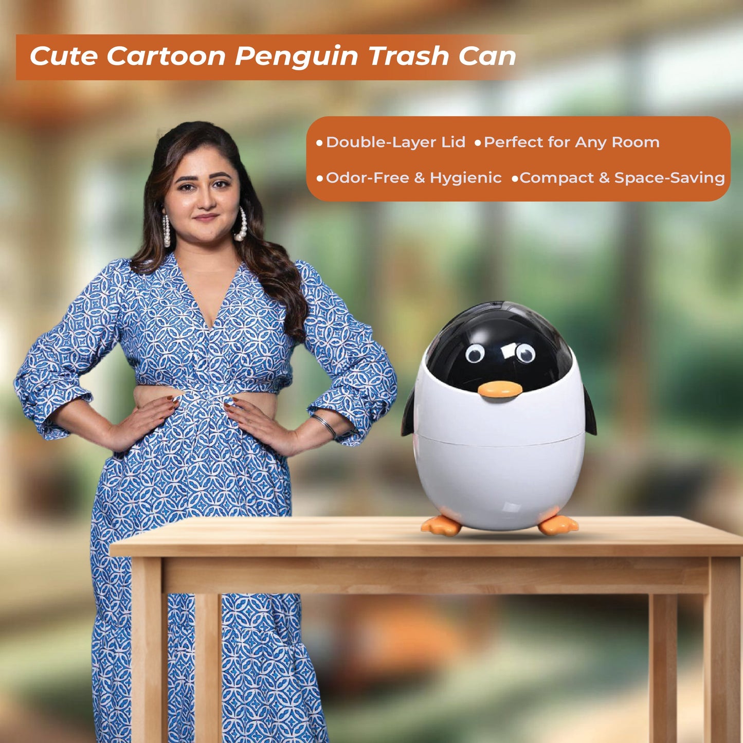 Cute Cartoon Penguin Trash Can with Flip Lid for Kids Room