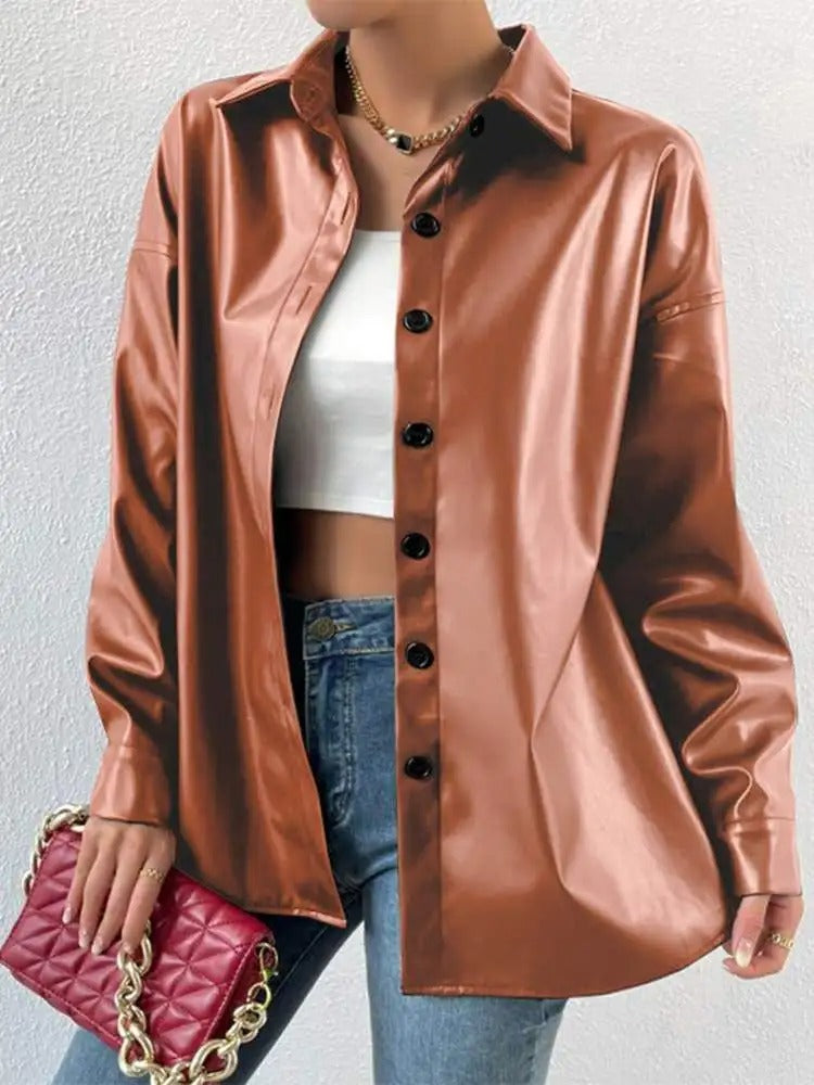 Vintage Leather Bomber Jacket with Lapel and Button Closure