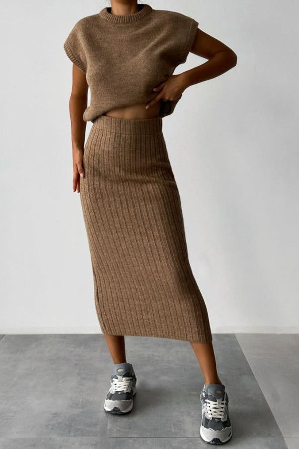 Knit Short Sleeve Sweater & Ribbed Midi Skirt Set