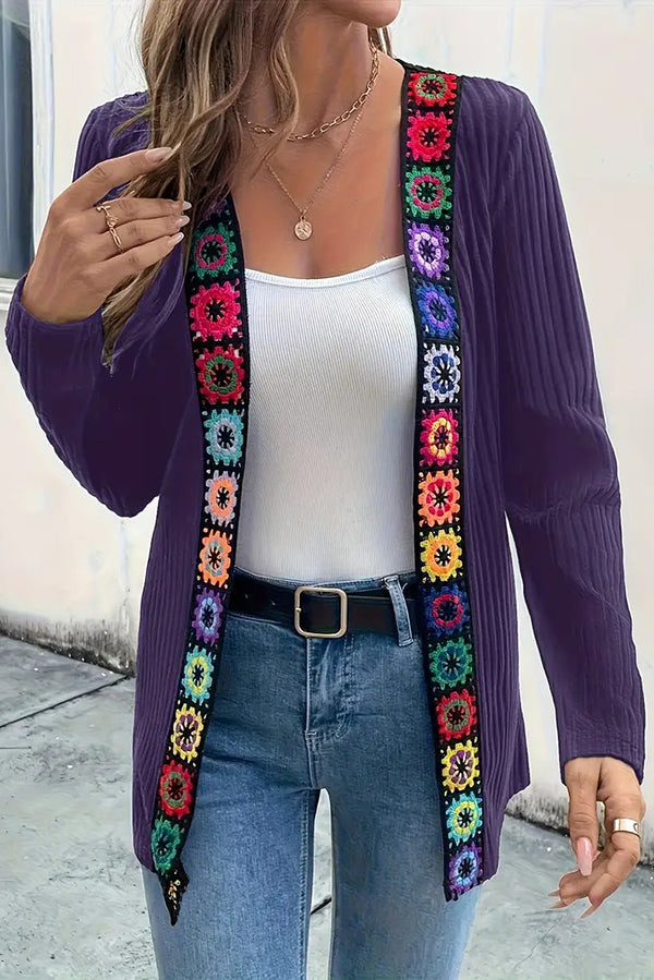 Boho Floral Edge Knit Long Sleeve Cardigan