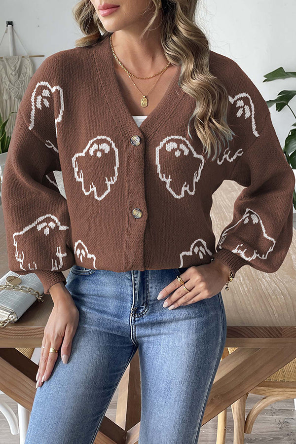 Cozy Halloween Ghost Knit Button-Down Sweater