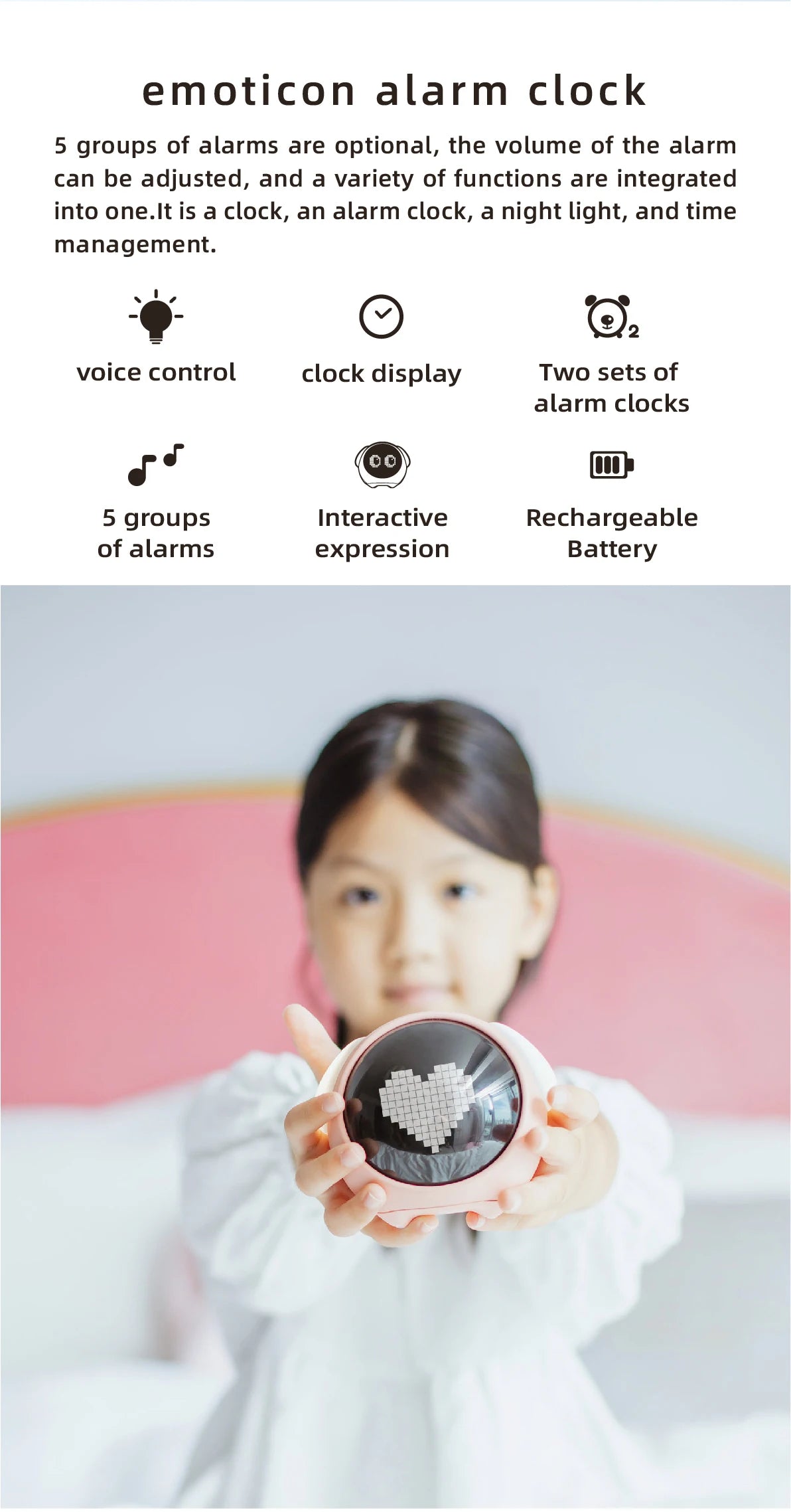 Kawaii Cute LED Alarm Clock with Night Light for Kids