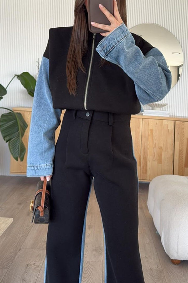 Casual Denim Patchwork Zipper Sweatshirt Jacket