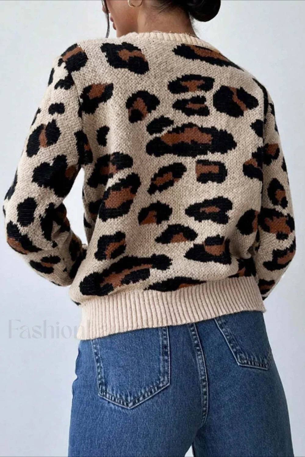 Chic Colorblock Leopard Print Crewneck Sweater