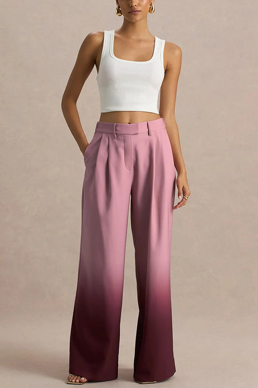Ombre Print Wide Leg Pants with Elastic Waist and Pockets
