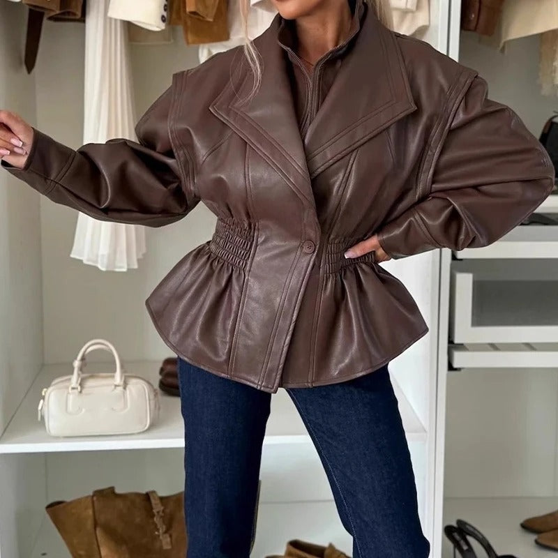 Chic Faux Leather Lapel Moto Jacket with Elastic Waist