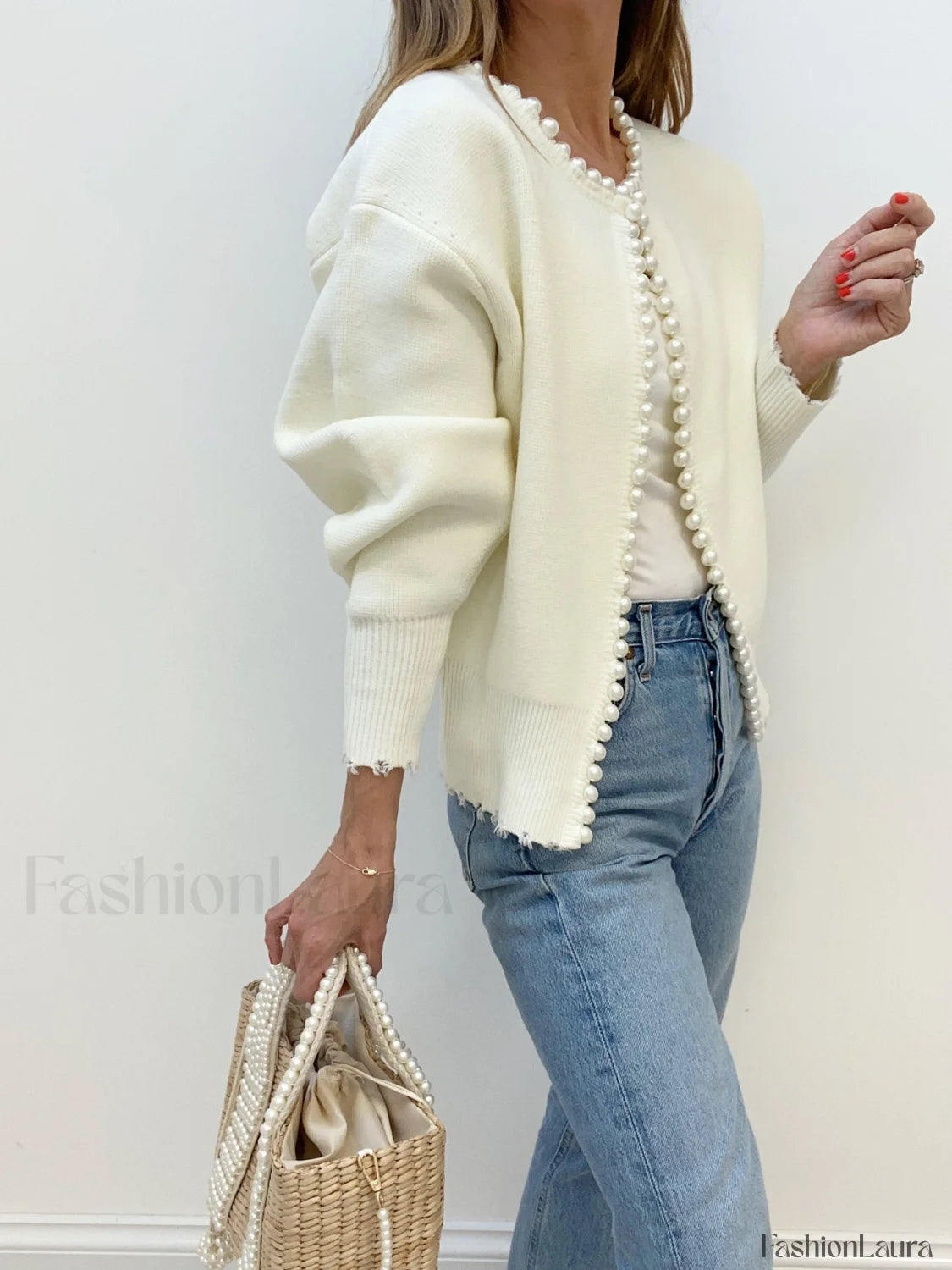 Pearl Trim Ripped Hem Knit Cardigan