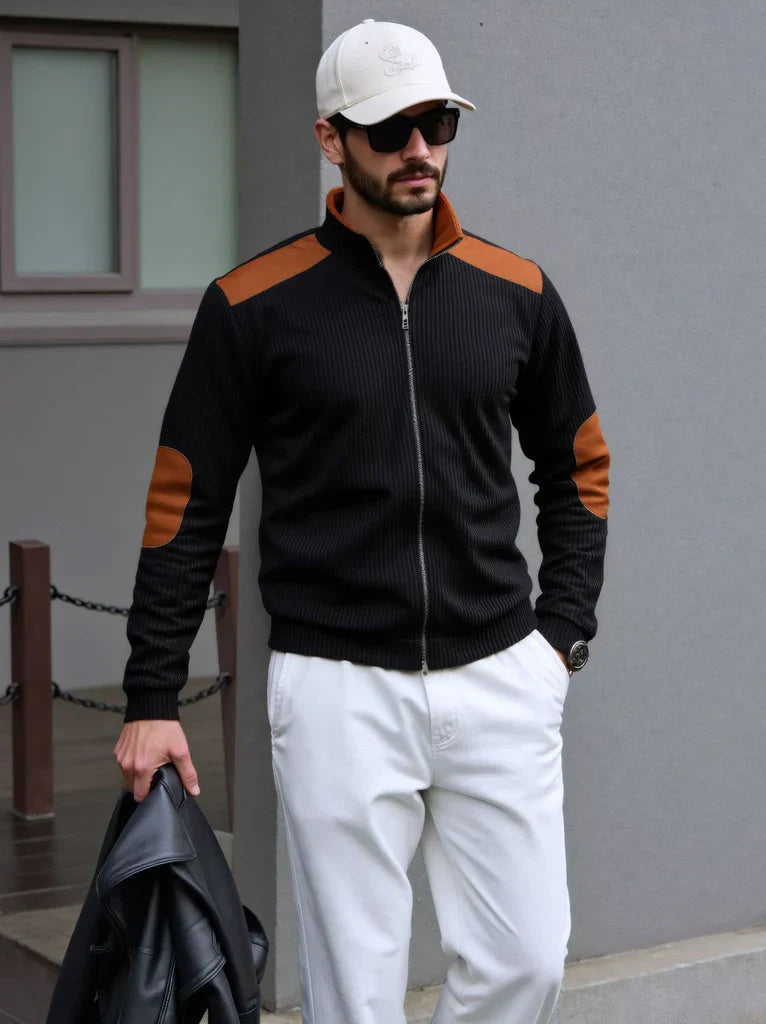 Men’s Zip-Up Knit Cardigan with Shoulder and Elbow Patches
