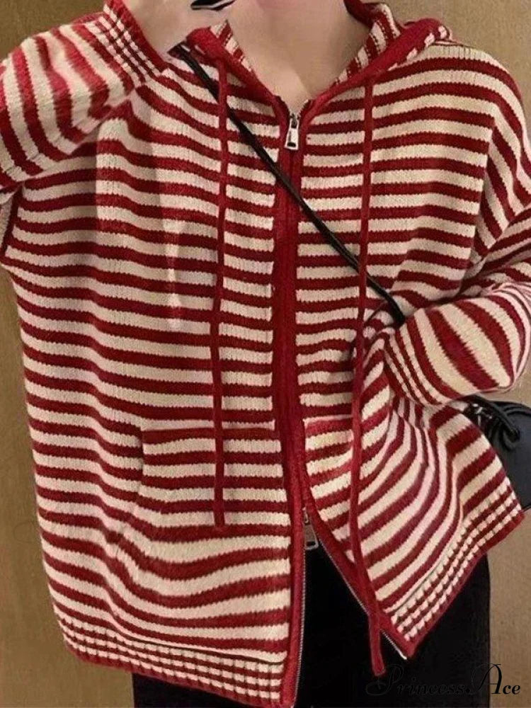 Cozy Striped Hooded Zipper Cardigan