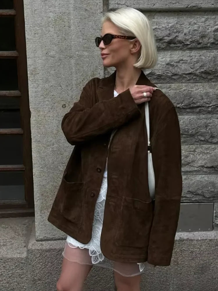 Stylish Warm Brown Lapel Jacket for Casual Elegance