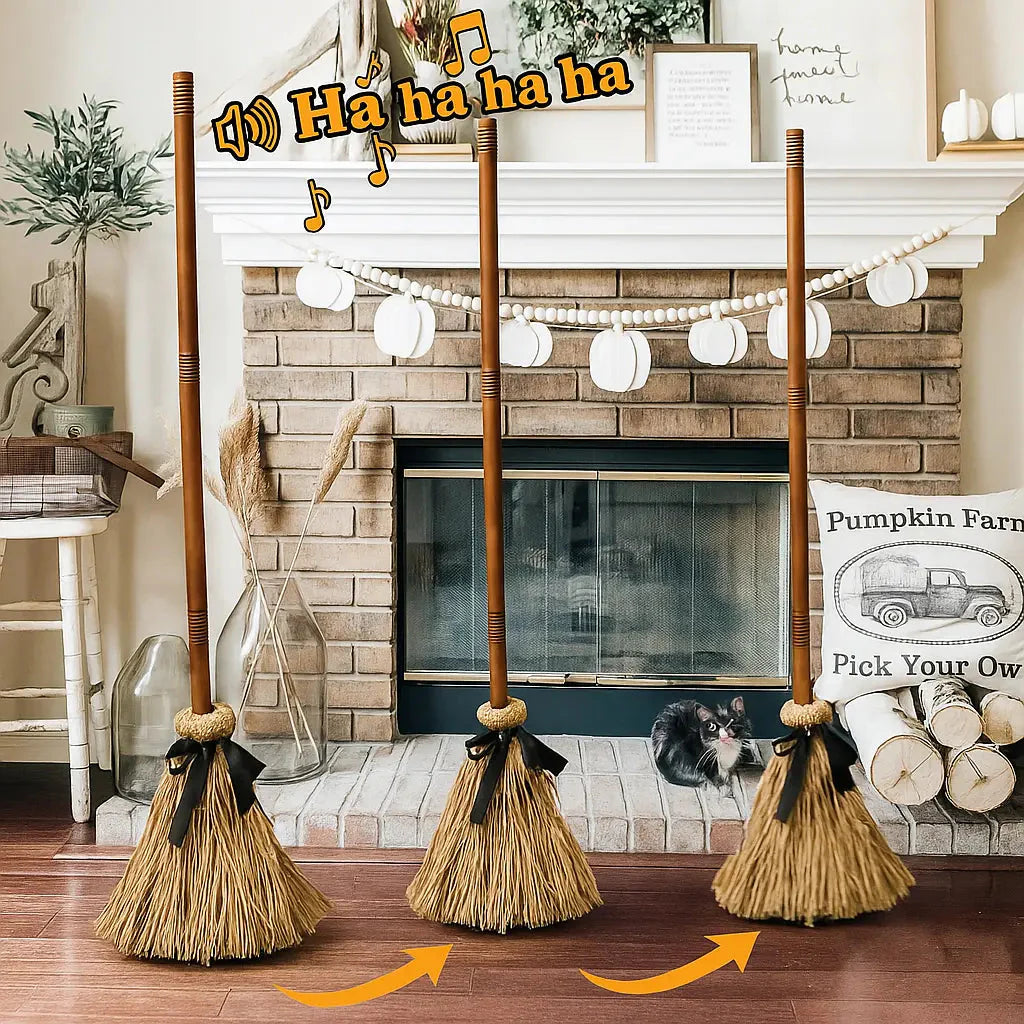 Interactive Floating Witch Broom Halloween Decor with Sound and Touch Response