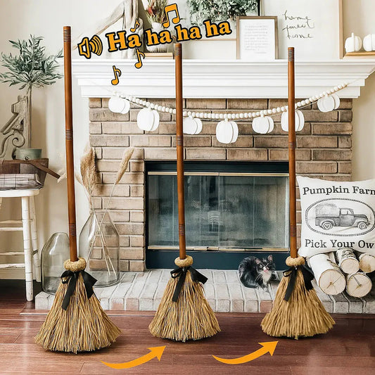 Interactive Floating Witch Broom Halloween Decor with Sound and Touch Response