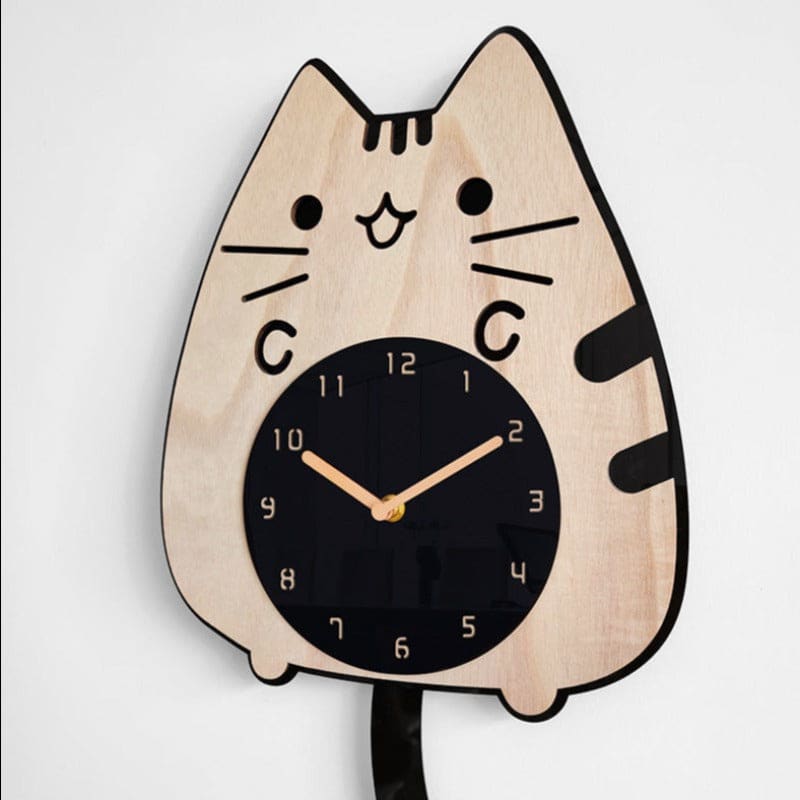 Whimsical Bamboo Quartz Cat Wall Clock
