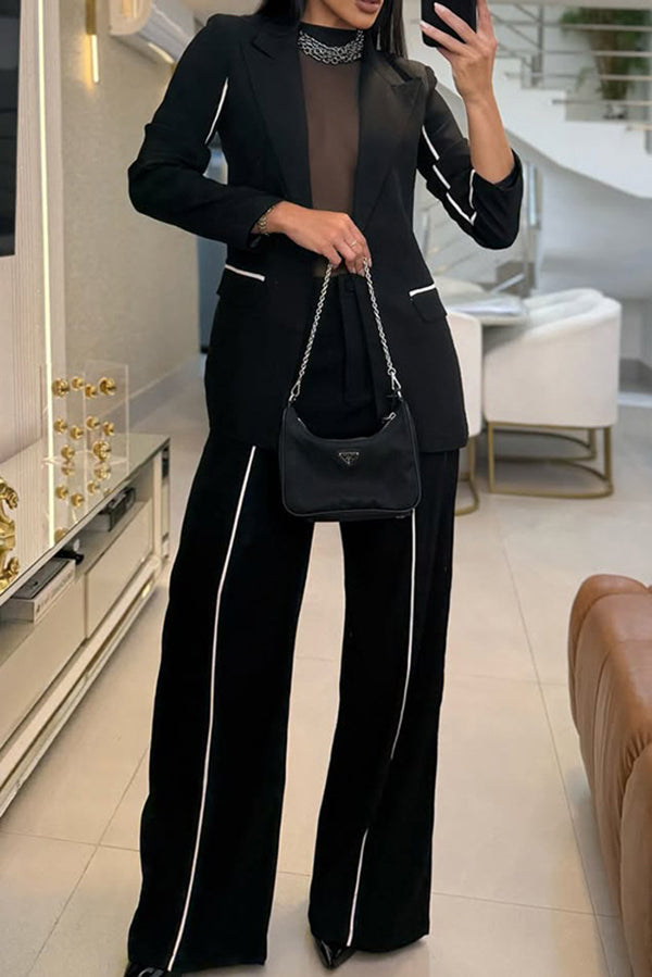 Chic Solid Color Blazer and Straight-Leg Pants Set