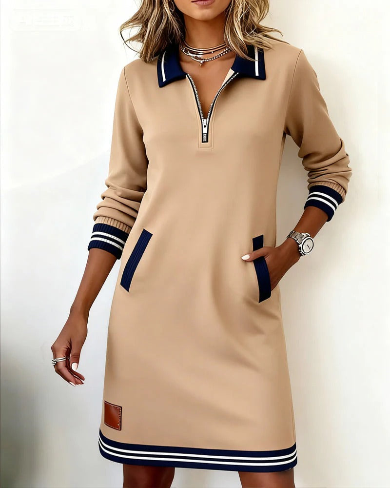 Sporty Knit Dress with Zipper Collar